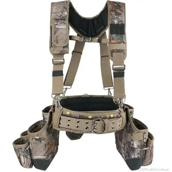 Camo Tool Belt with Suspenders Camouflage Tool Bag Supenders Framers Comb Apron Tool Belt Construction Tool Pouch Suspenders Heavy Duty Carpenter Suspension Rig for Electrician CC47PeakPulseGear