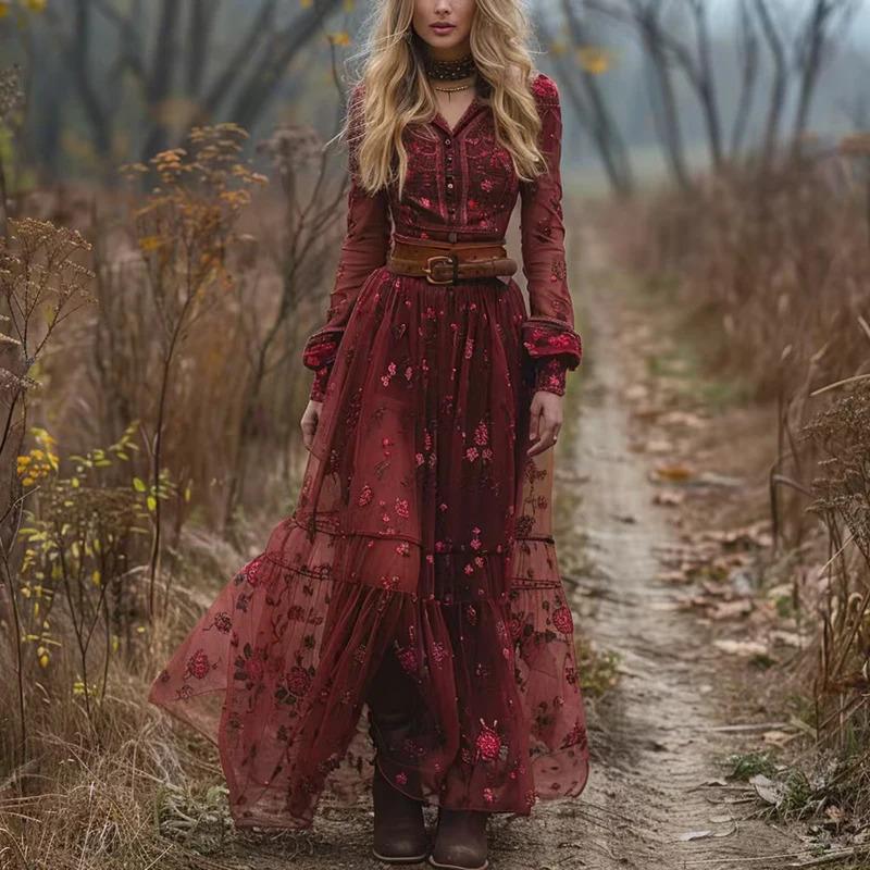 NewVintage Floral Print Deep V Fashion Waist Party Maxi Dress Autumn Women's Ethnic Lady Chic Bohemian Dresses  New Casual Womenswear sundress summer outfits quinceanera dress dresses summer