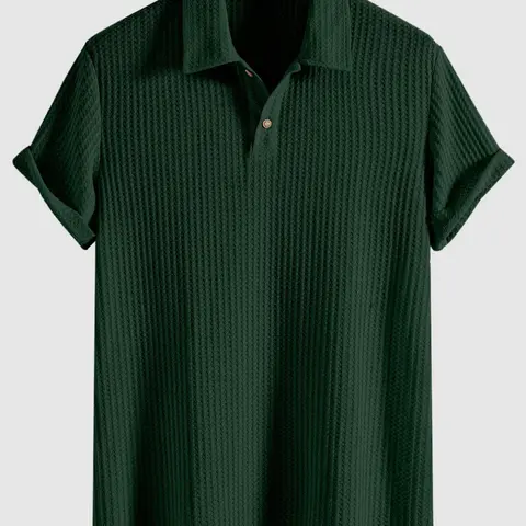 Men's Plain Jacquard Knit Polo Shirt, Polo Style Regular Fit Casual Short Sleeve Button Front Green Top for Summer, Fashion Clothes for Daily Wear