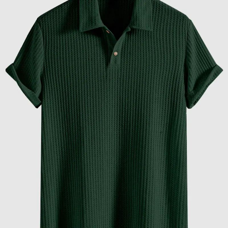Men's Plain Jacquard Knit Polo Shirt, Polo Style Regular Fit Casual Short Sleeve Button Front Green Top for Summer, Fashion Clothes for Daily Wear
