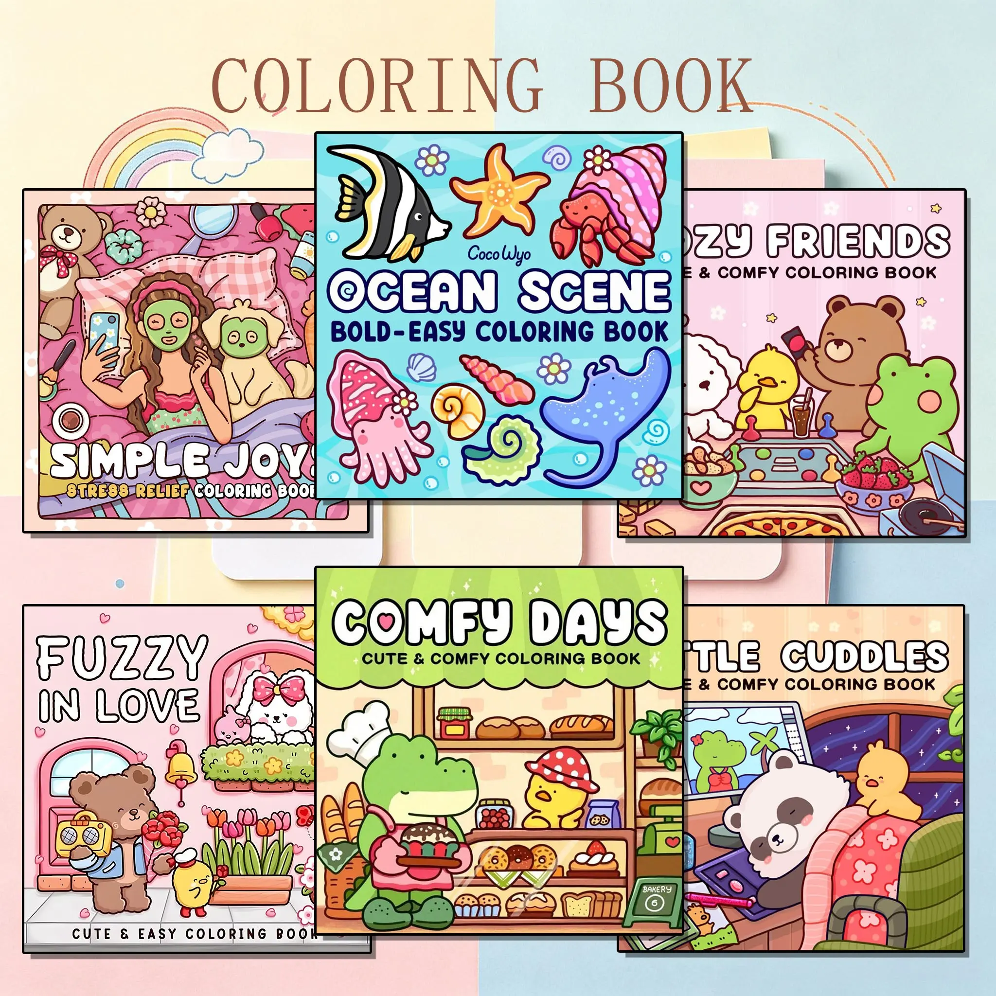 3/6-Piece Cute Theme Coloring Book Set, Stress Relief Coloring Gift Book for Kids, Ideal Art Supplies for Daily Drawing, Travel and Bedtime Activities, Cozy DIY Painting Supplies, Ocean Scene, Fuzzy In Love