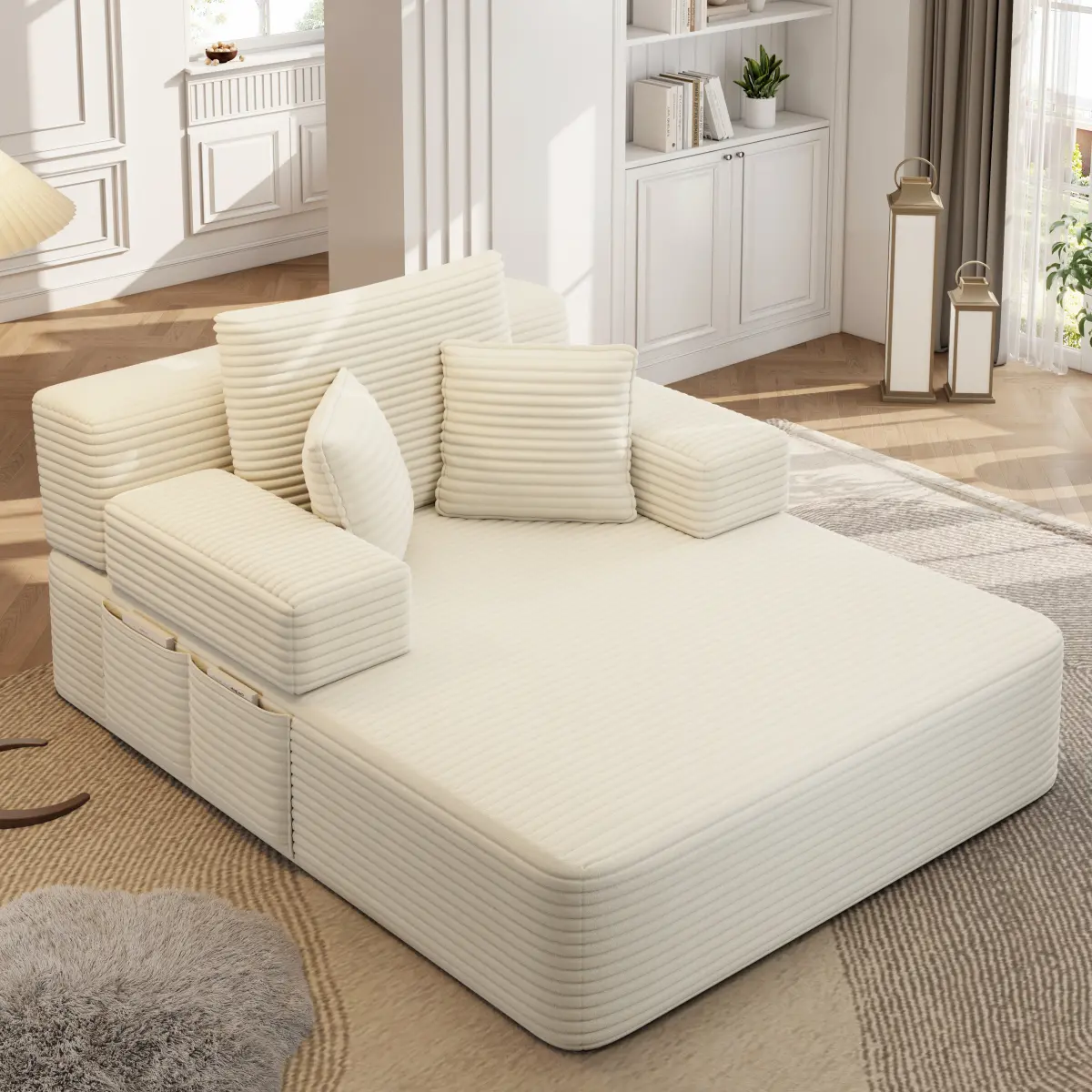 Chaise Lounge Convertible Sofa Bed with 3 Pillows,  Luxurious Plush Corduroy Couch Bed with Storage Pocket, Frameless Design & Compression Foam for Small Spaces, Living Room, Apartment,Beige&White