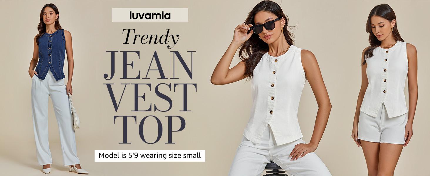 Luvamia Women's Sleeveless Denim Vest Medium Blue Fitted Crewneck Button Down Casual Summer Western Waistcoat for Everyday Style Womenswear