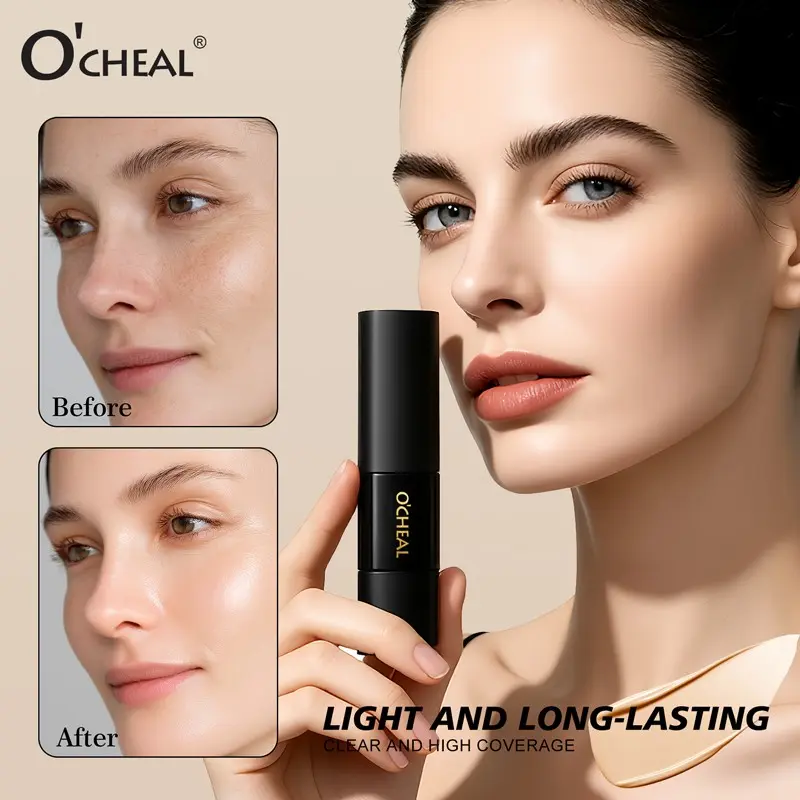 Two-Headed Foundation Stick with Soft Brush, 5 Shades, High Coverage, Long-Lasting, Moisturizing Base Makeup, Flawless Glowing Skin