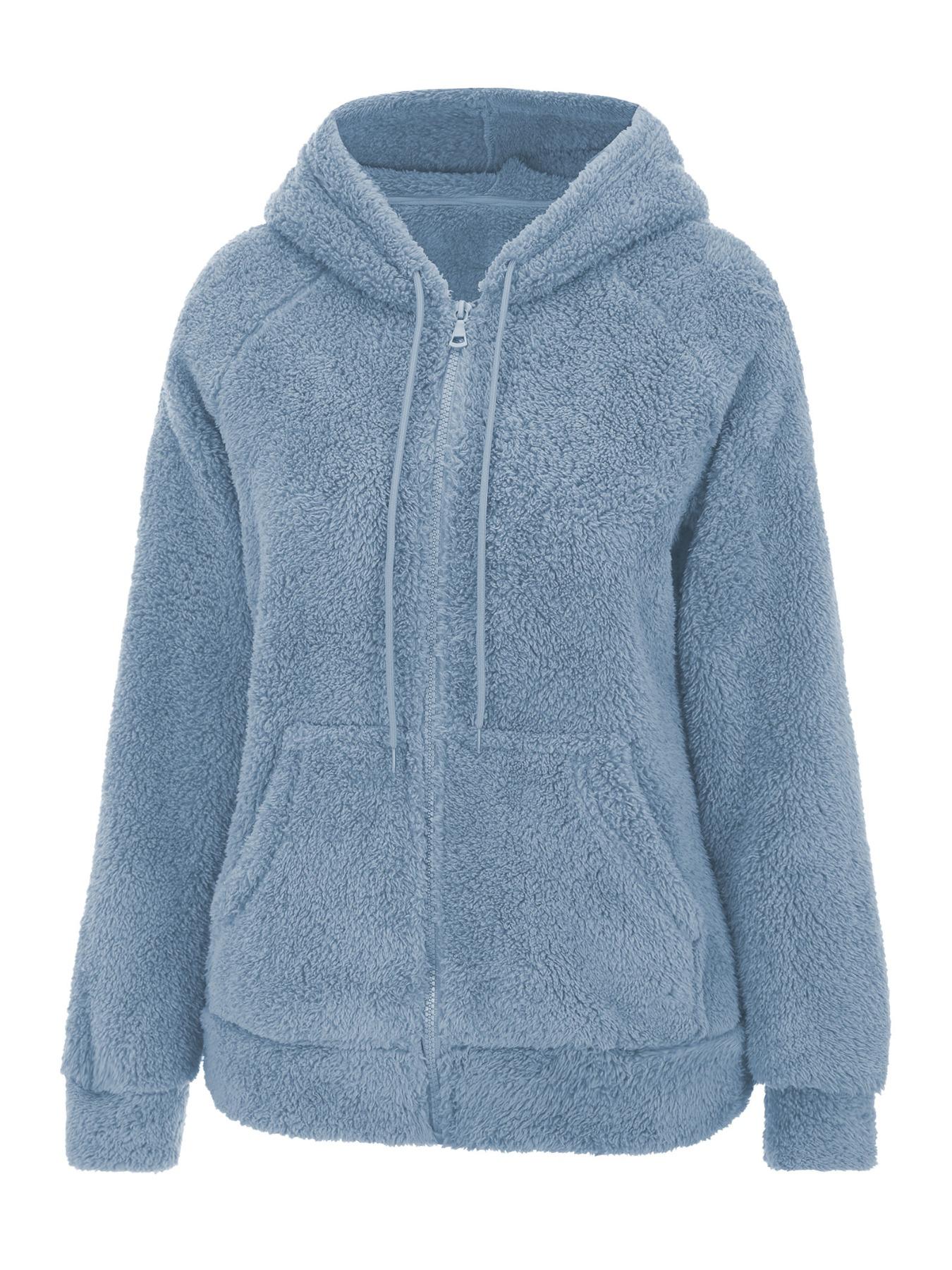 Women's Hooded Plush Jacket with Pockets & Drawstring, Solid Casual Fitted Zipper Outerwear for Spring Autumn Winter All Seasons