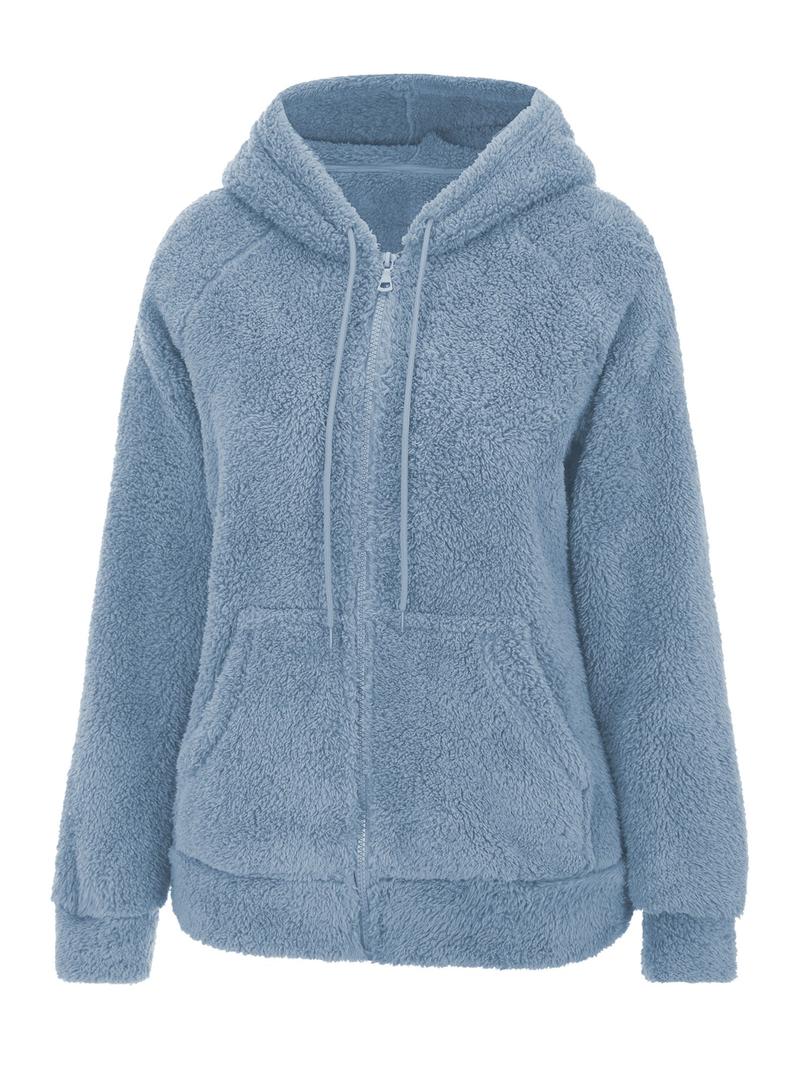 Women's Hooded Plush Jacket with Pockets & Drawstring, Casual Fitted Zipper Outerwear for Spring Autumn Winter All Seasons