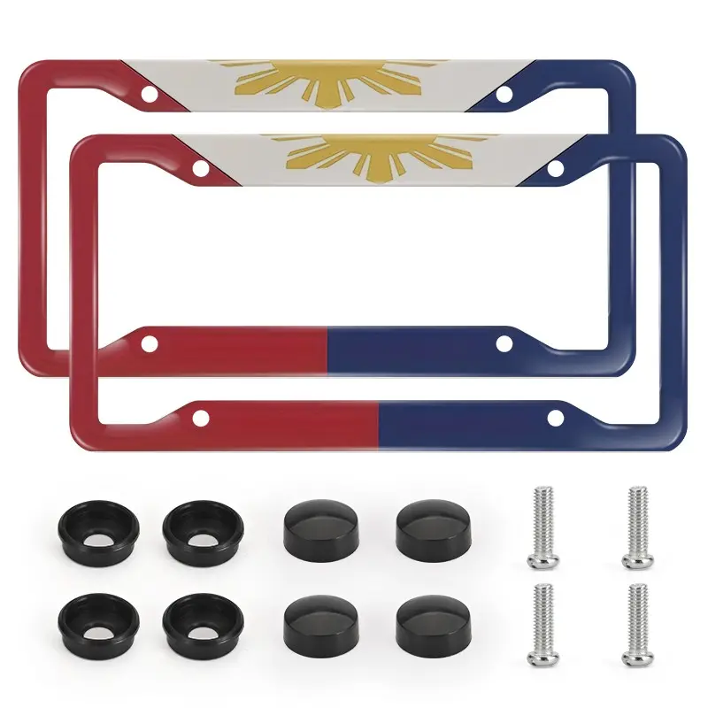 2pcs Philippines Flag License Plate Frames with Screws & Caps, Red White Blue Color with Sun Print, Patriotic Car Plate Frame, Rust Proof & Easy To Install, Automotive Car Accessories for Truck SUV