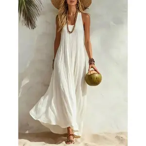 Women's Sleeveless Textured Beach Summer Dress, Casual Long Maxi Dress, Fitted Plain Surface Design, Unlined, Perfect for Vacation & Relaxing Days
