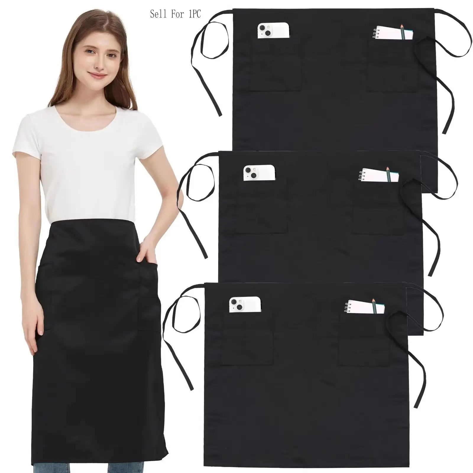Long Waitress Waiter Apron, 2 Pockets, High Reusable Waterproof Waist Apron for Women, Ideal for Restaurants