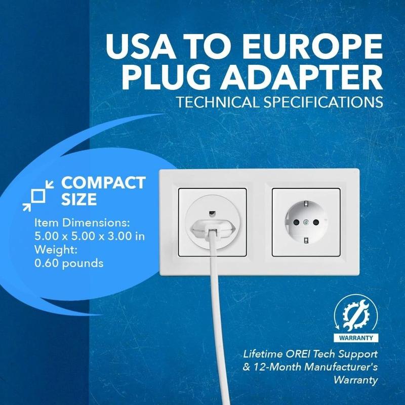 American To European Plug Adapter – Type E/F Schuko Plug Adapter-Use In Germany, France, & More - CE Certified – For Mobile, Laptop & Camera Chargers - 2 Pack