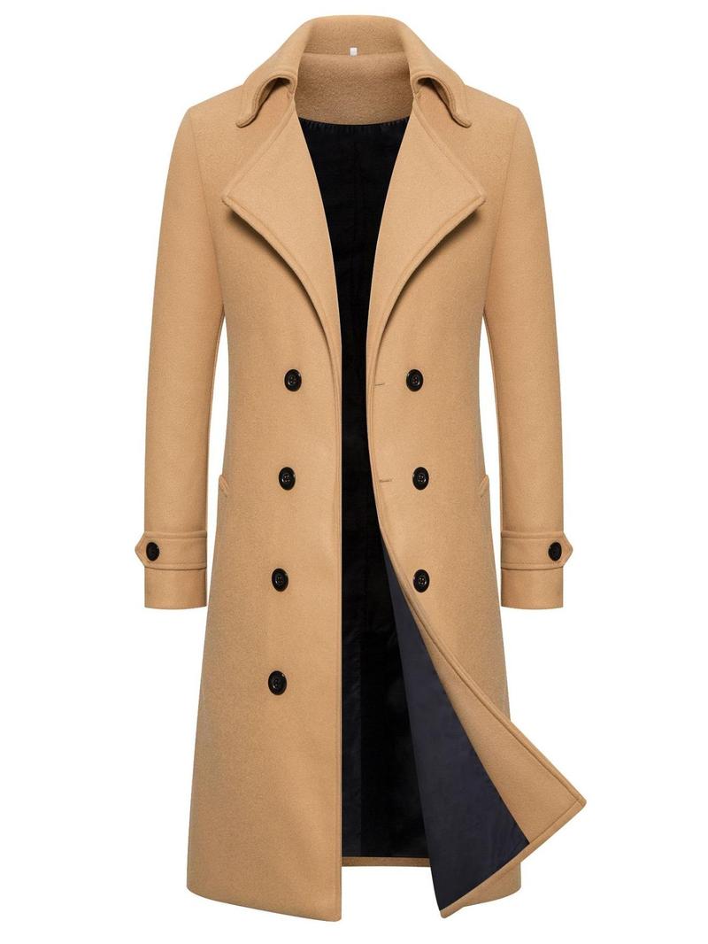 Men's Solid Double-Breasted Pocket Trench Coat Jackets, Regular Fit Casual Long Sleeve Lapel Neckline Coat for Fall & Winter, Men's Clothes for Daily Wear Men's Solid Double-Breasted Pocket Trench Coat Jackets, Regular Fit Casual Long Sleeve Lapel Neckline Coat for Fall & Winter, Men's Clothes for Daily Wear