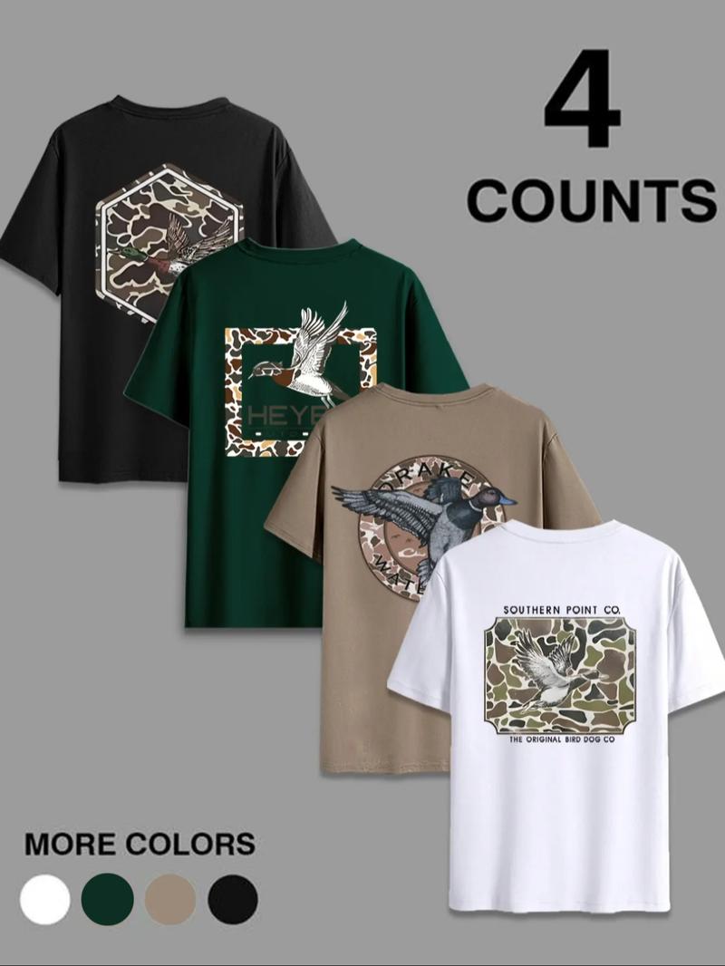 Men's Duck & Letter Print Round Neck Tee, Regular Fit Casual Short Sleeve T-shirt for Summer, Men's Top for Daily Wear, Casual Stylish Tee, Tropical