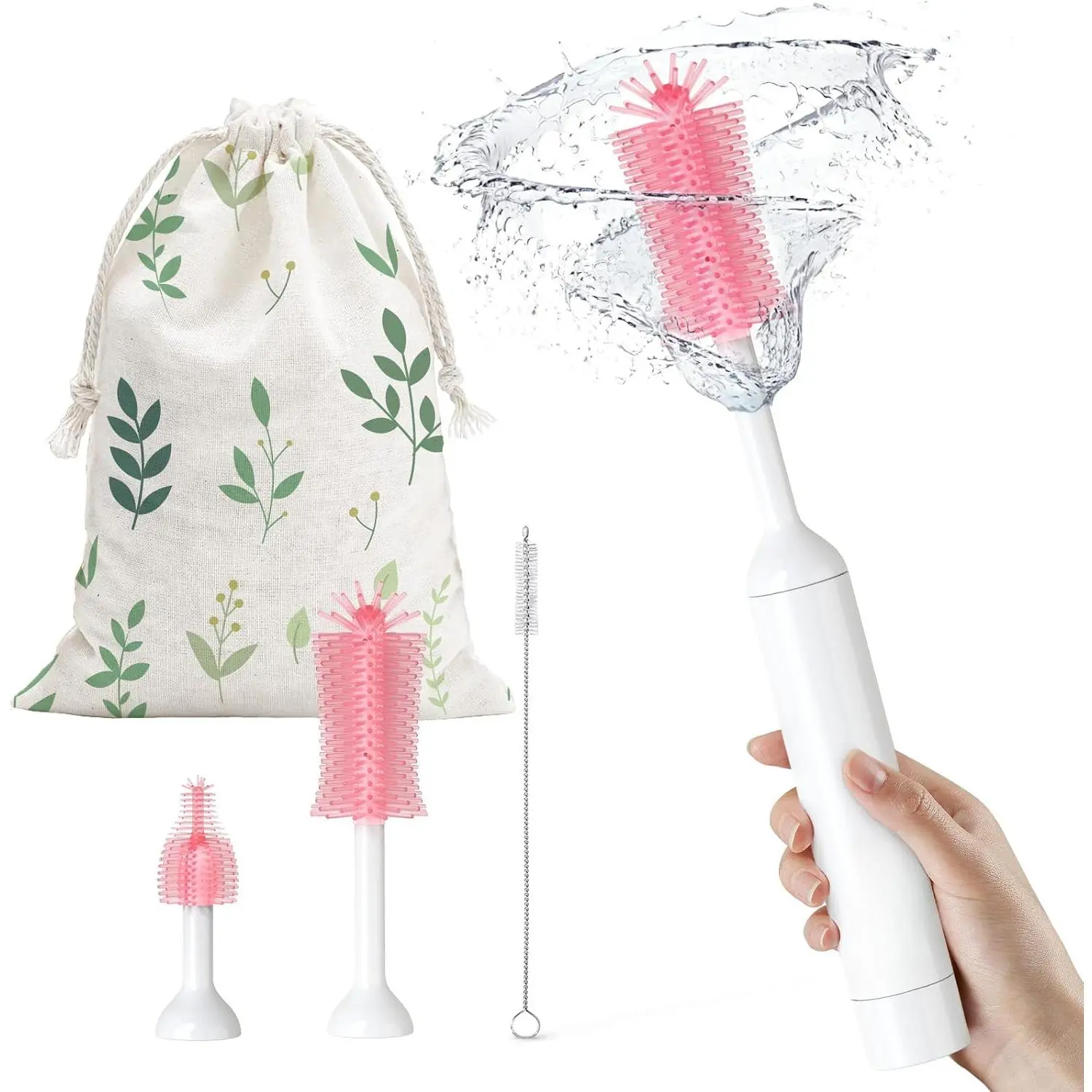 S02 Electric Bottle Brush Set, Portable Baby Bottle Brush Cleaner, AA Battery-Powered & IPX7 Waterproof, with Silicone Bottle/Nipple/Straw Brush,  Home & Travel (Pink) New model