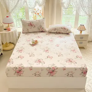 3Pcs Fresh Floral 1 Fitted Sheet + 2 Pillowcases, Soft Skin-Friendly Fabric Anti-Slip Mattress Cover Protector,  in Single/Double/Queen Size
