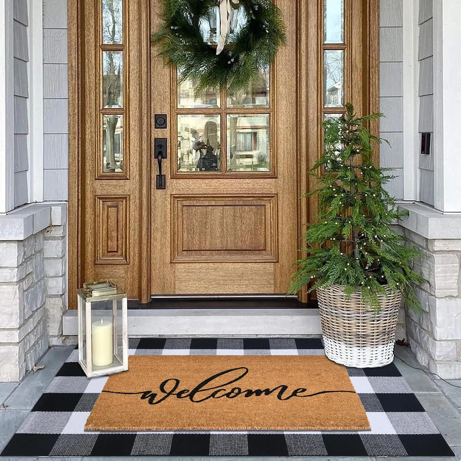 Welcome Front Door Mats Combo Set,  Coco Coir Doormat + 28" x 43"   Rug, Front Porch Entryway Decor Indoor Outdoor Easter Summer Mats