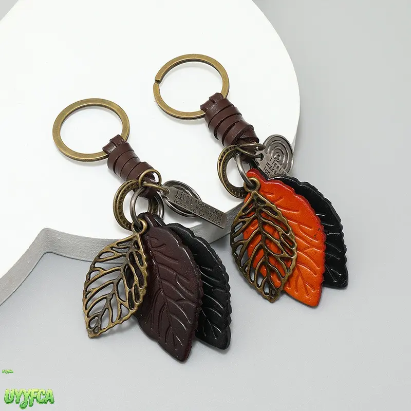 Vintage Leaf Leather Keychain For Men Women, Braided Faux Leather Hollow Metal Leaf Bag Charm,Car Key Pendant, Minimalist Rustic Accessory For Backpack Handbag Vehicle Daily Carry Gift