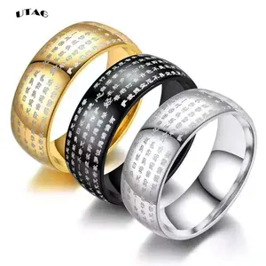 UTAG Ancient Chinese Buddhism Scripture Supernatural Mens Cool Signet Exorcism Rune Rings Stainless Thumb Buddha Ring
