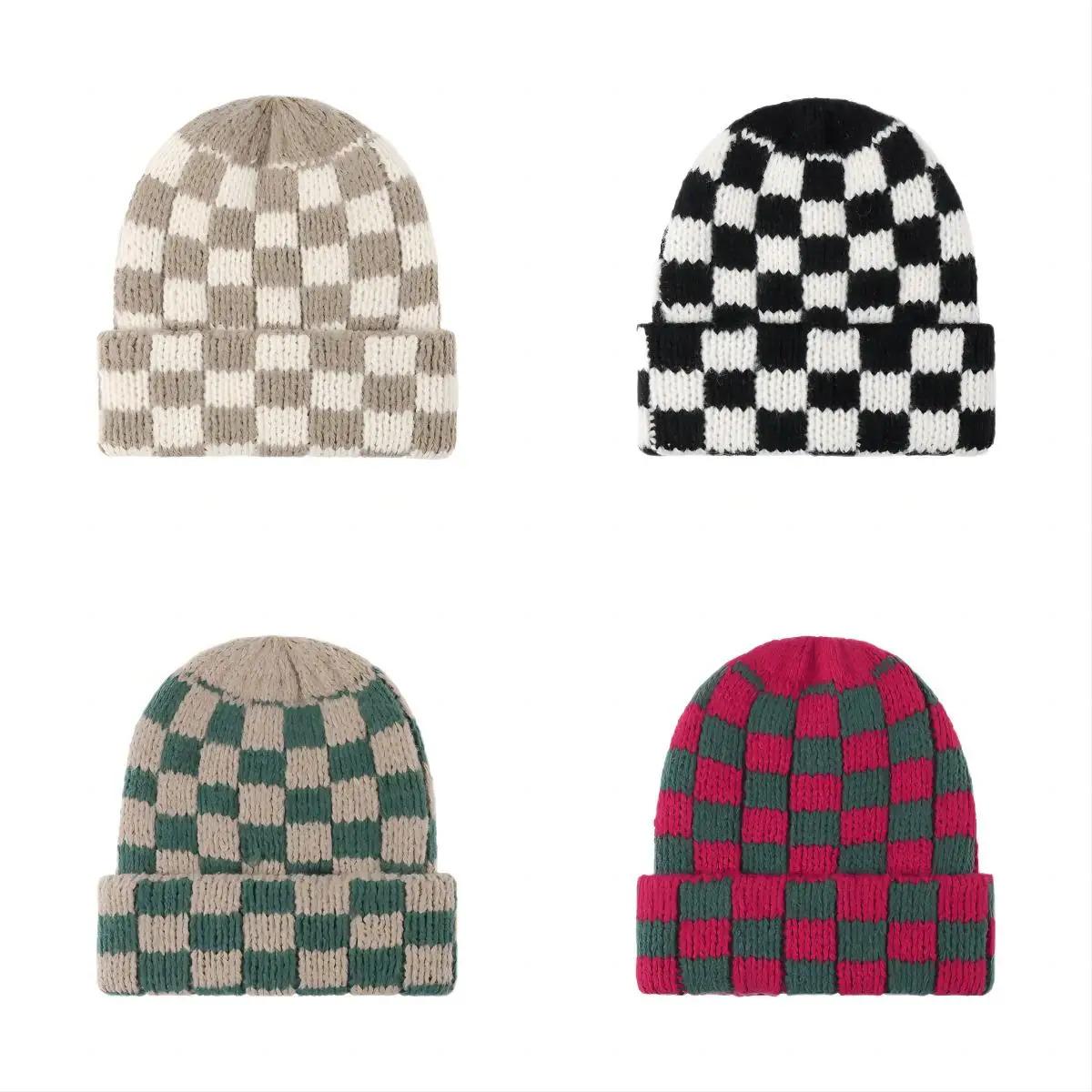 New Japanese Korean Winter Check Plaid Skullies Beanies Knit Hat for Women Ins Luxury Brand Y2k Bonnet Heavy Warm Hat Casual Cap