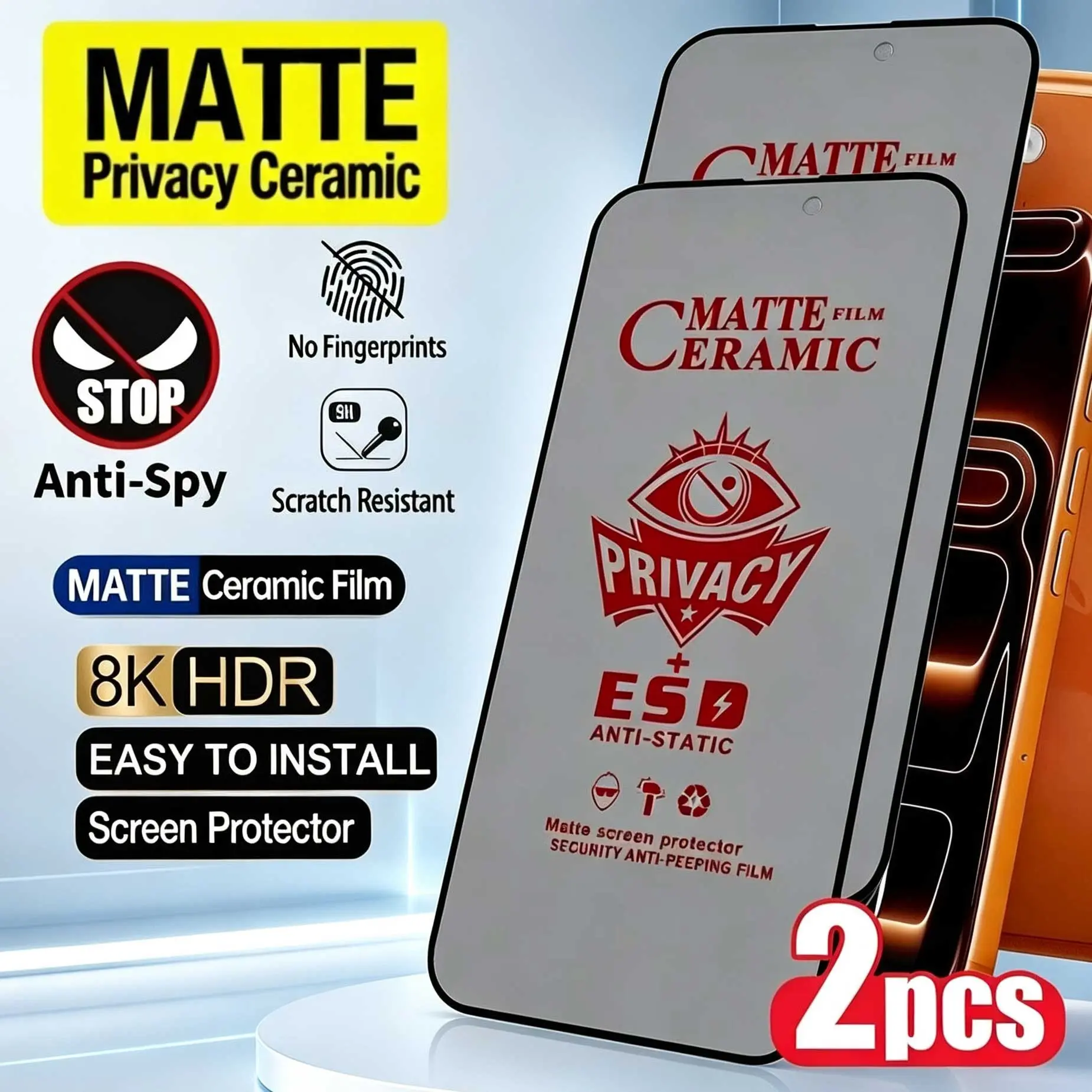 2 pcs Privacy Matte Ceramic Film For iPhone 17 17e 16 Pro Max 16e 15 14 Plus 13 12 11 Pro Max Plus X XS MAX XR Matte & Anti-Spy Screen Protector