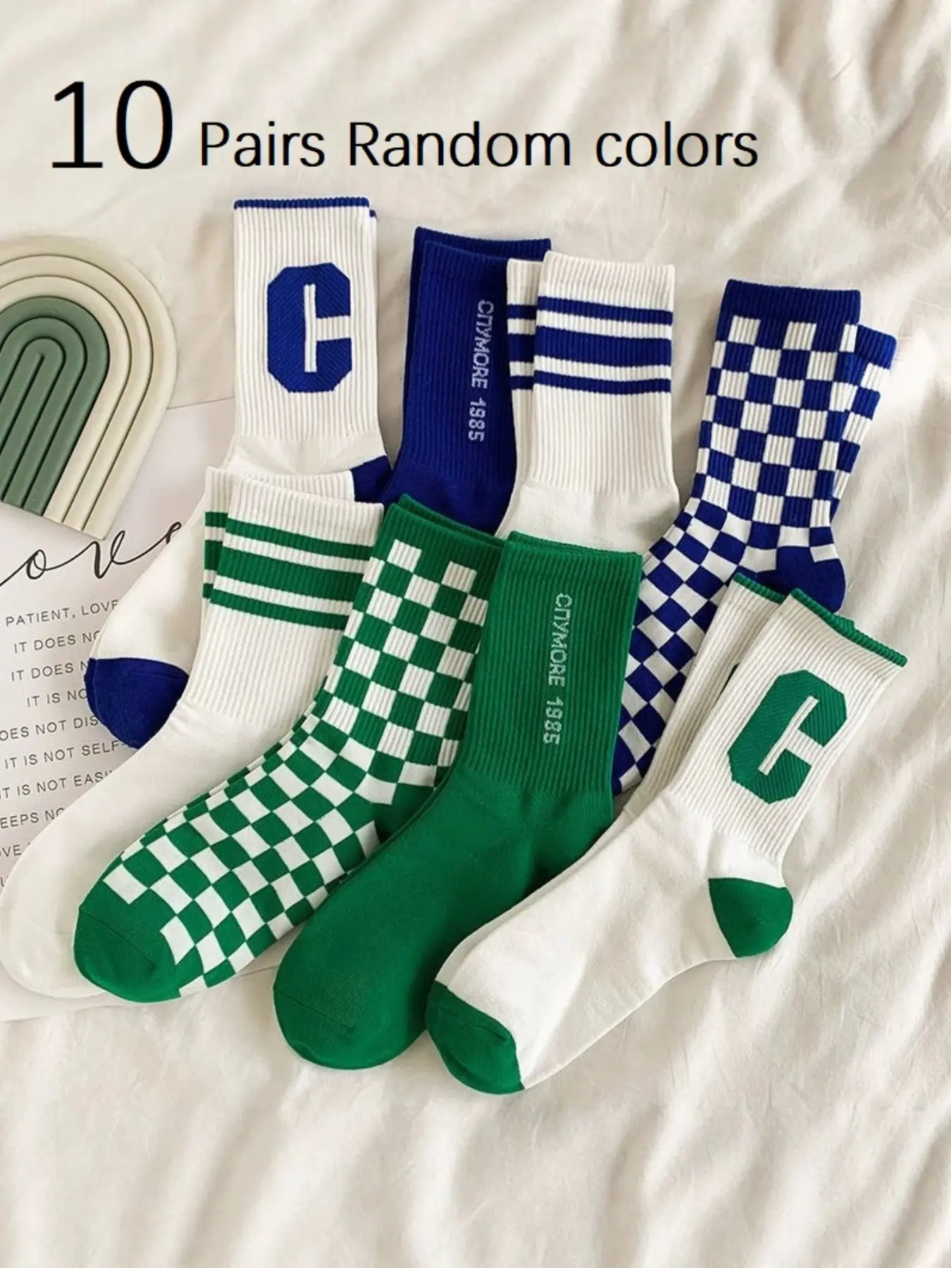 10 Pairs Women's Checkered Crew Socks, Student Sports Basketball Socks, Unisex Spring Fall Mid-Calf Socks, Casual Plain Surface