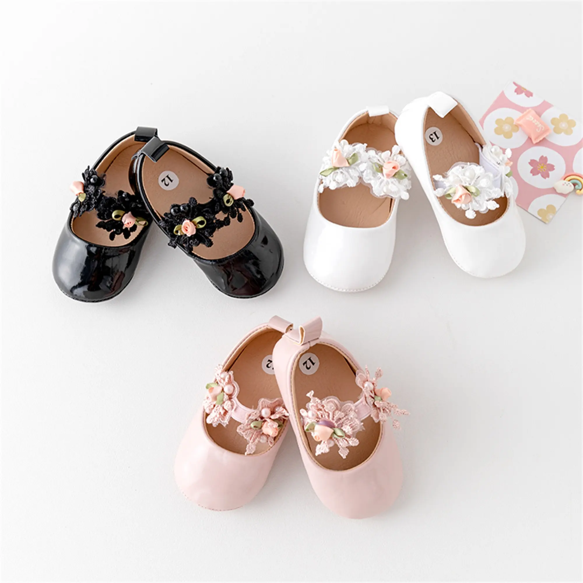 Baby Girl Premium PU Flats Infant Flower First Walker Crib Shoes for Party, Festival, Baby Shower