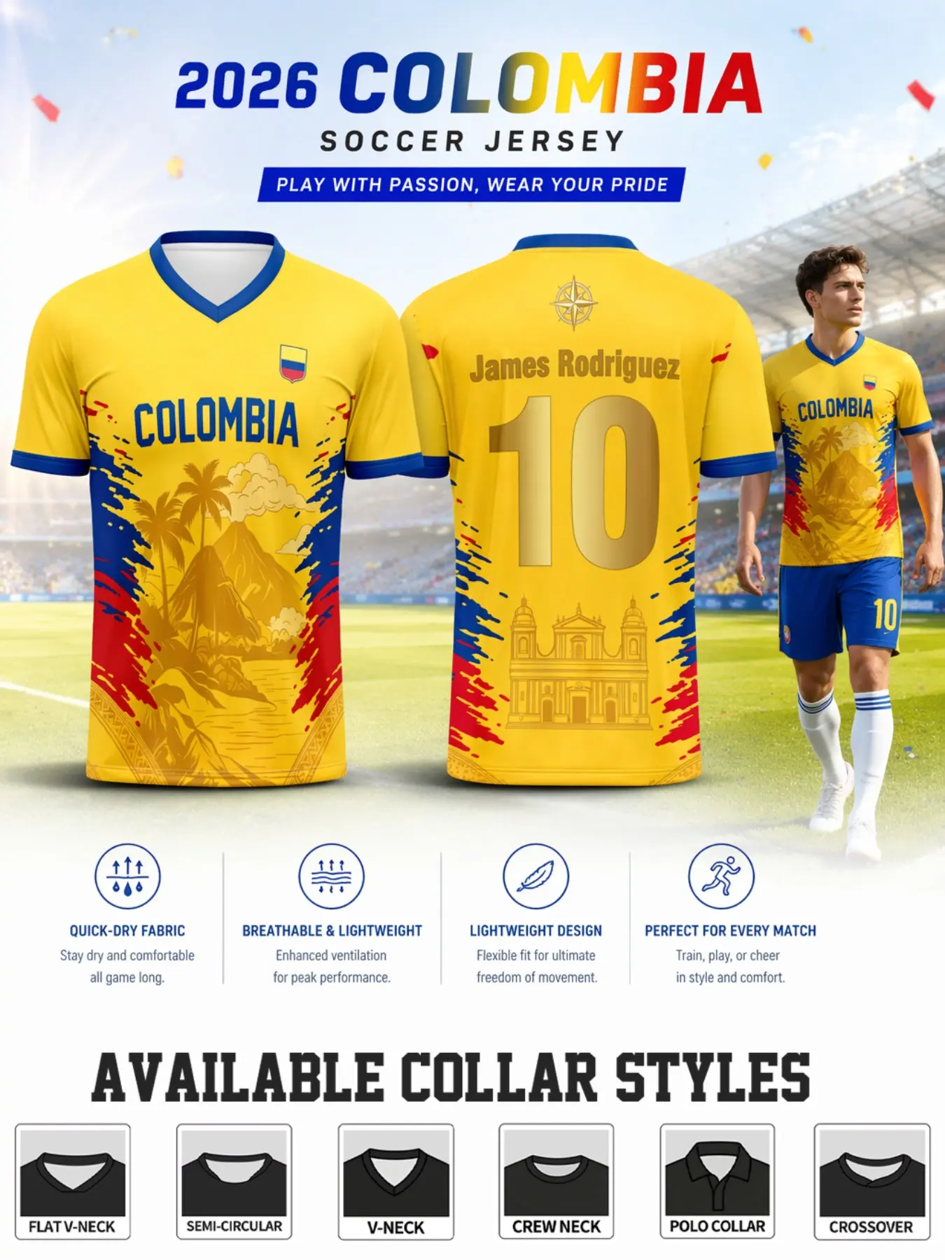 2026 Colombia National Football Jersey, Bright with Gradient Blue Print, Quick-Dry Polyester, Sporty Short Sleeve Shirt