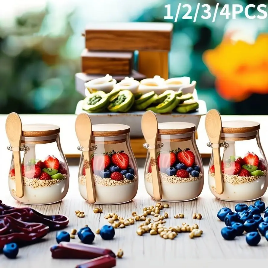 11.96oz Glass Cup, Overnight Oatmeal Bowl, Mason Jar Salad Bowl, Prep Container with Lid Spoon, Ideal for Chia Seeds, Pudding, Yogurt, Food Storage Containers