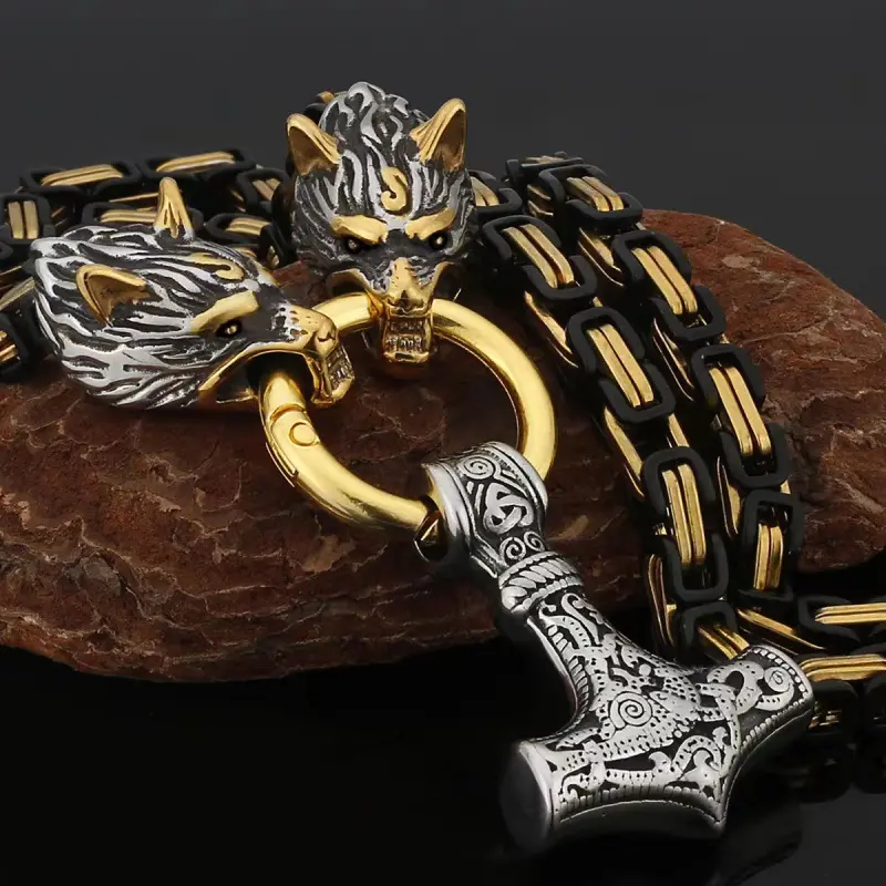 Male Exquisite Vintage Wolf Head Necklace - Stainless Steel Nordic Viking Hammer Amulet, 60cm/23.62inch Casual Chain & Link Costume Jewelry for Men to Enhance Overall Look, Pendant, Retro, No, Metal Coating