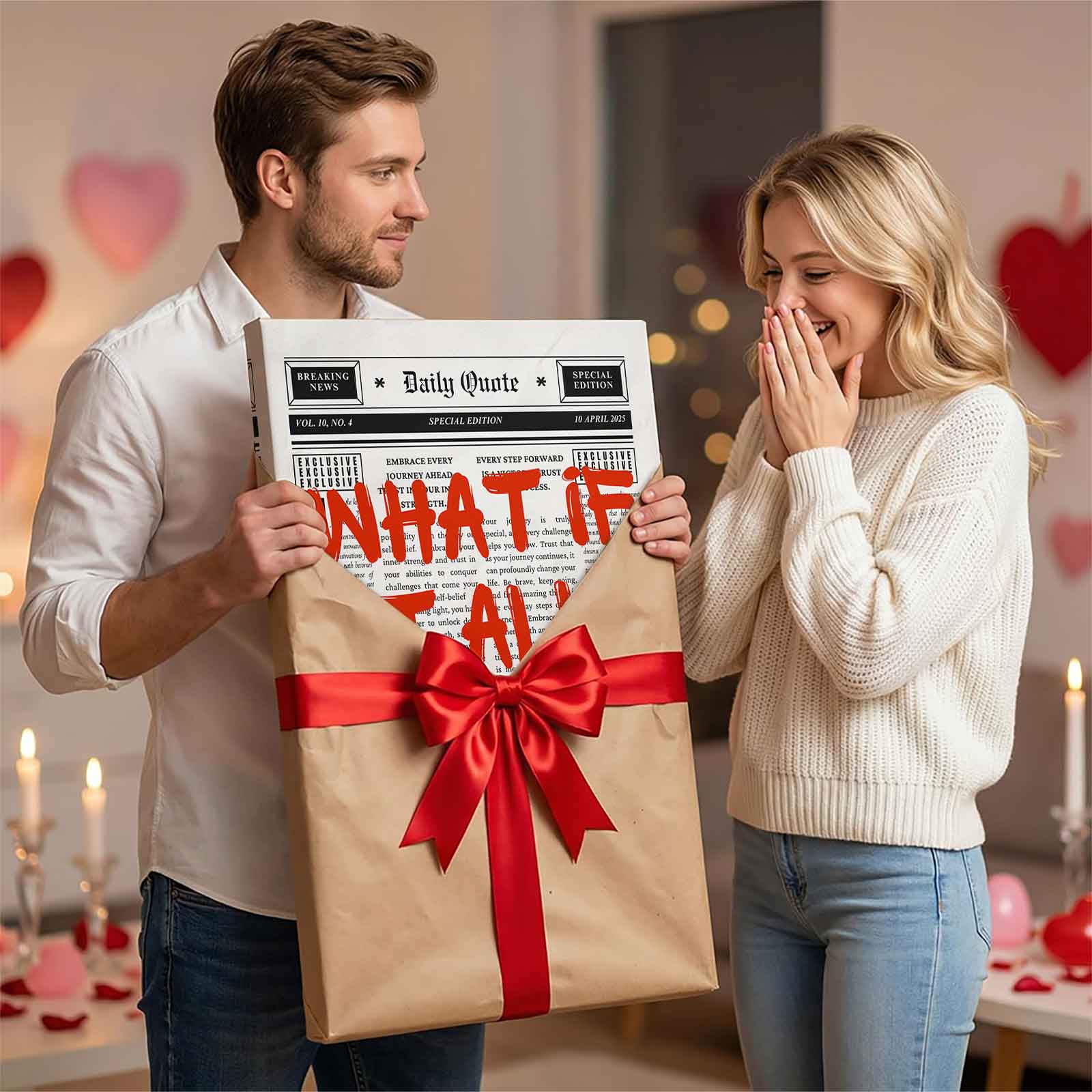 Red What If It All Works Out? Daily Quote Newspaper Canvas Wall Art, Inspirational Motivational Print, Aesthetic Office Decor, Trendy Living Room Poster, Unique Positive Energy Wall Art Gift