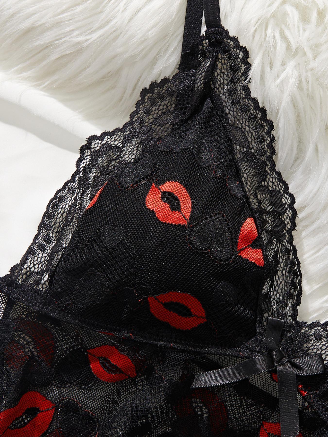 Women's Lip Print Lace Trim Cami Nightdress & Thong Sexy Lingerie Set, Comfy Breathable Nightgown & Panty Set, Women's Sleepwear & Loungewear Set, Sleeveless Nightgown