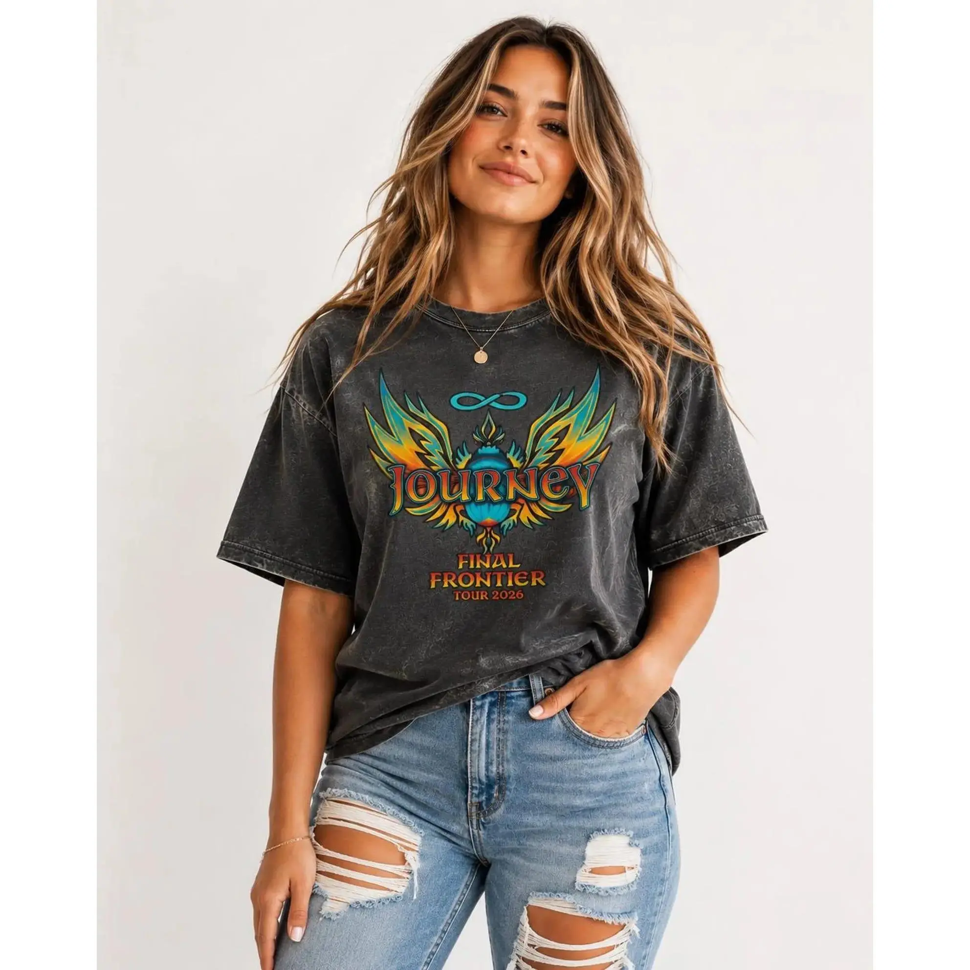 Journey Last Frontier Graphic T-shirt| Retro Band Style, Colorful Eagle Artwork