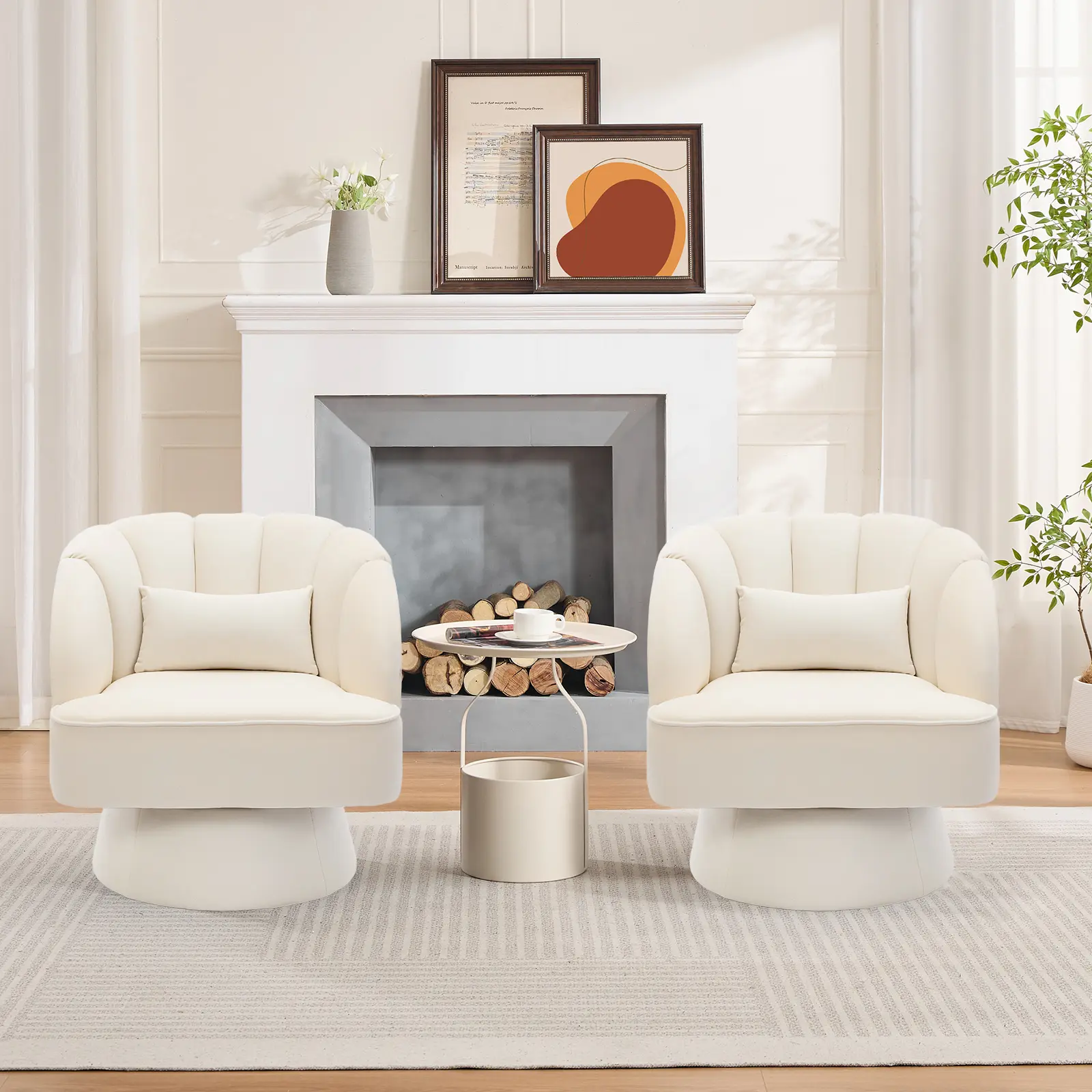 Garvee Modern Swivel Barrel Accent Chair – 360° Rotating, Velvet Upholstered, Comfortable Round Club Armchair with Striped Backrest for Living Room, Bedroom, Office, Reading Nook