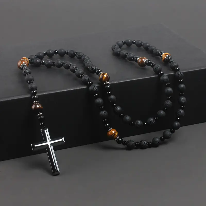 Religious Men Beaded Cross Pendant Necklace, Natural Black Volcanic Rock & Yellow Tiger Eye Iron Stone Mixed Beads, Vintage Neutral Faith Jewelry For Daily Party Religious Outfit TigerEyeNecklace Volcanic Rock Jewelry Cross Pendant Mens Beaded Chain Relig