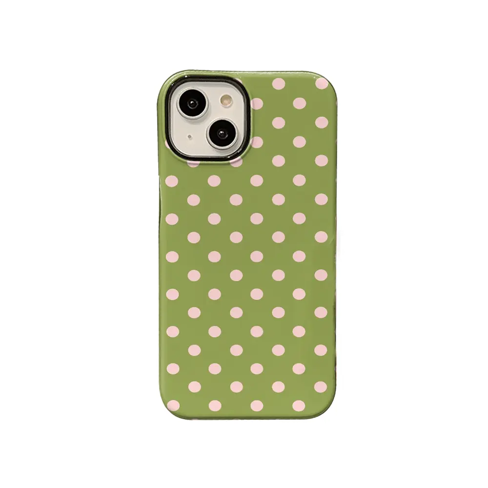 Olive Green with Pink Polka Dot Glossy Finish TPU Shell Phone Case - Fresh Korean Style for iPhone Series Multi-Model (17,16,15,14,13,12,11 Plus Pro Max) - Sweet Gift Option