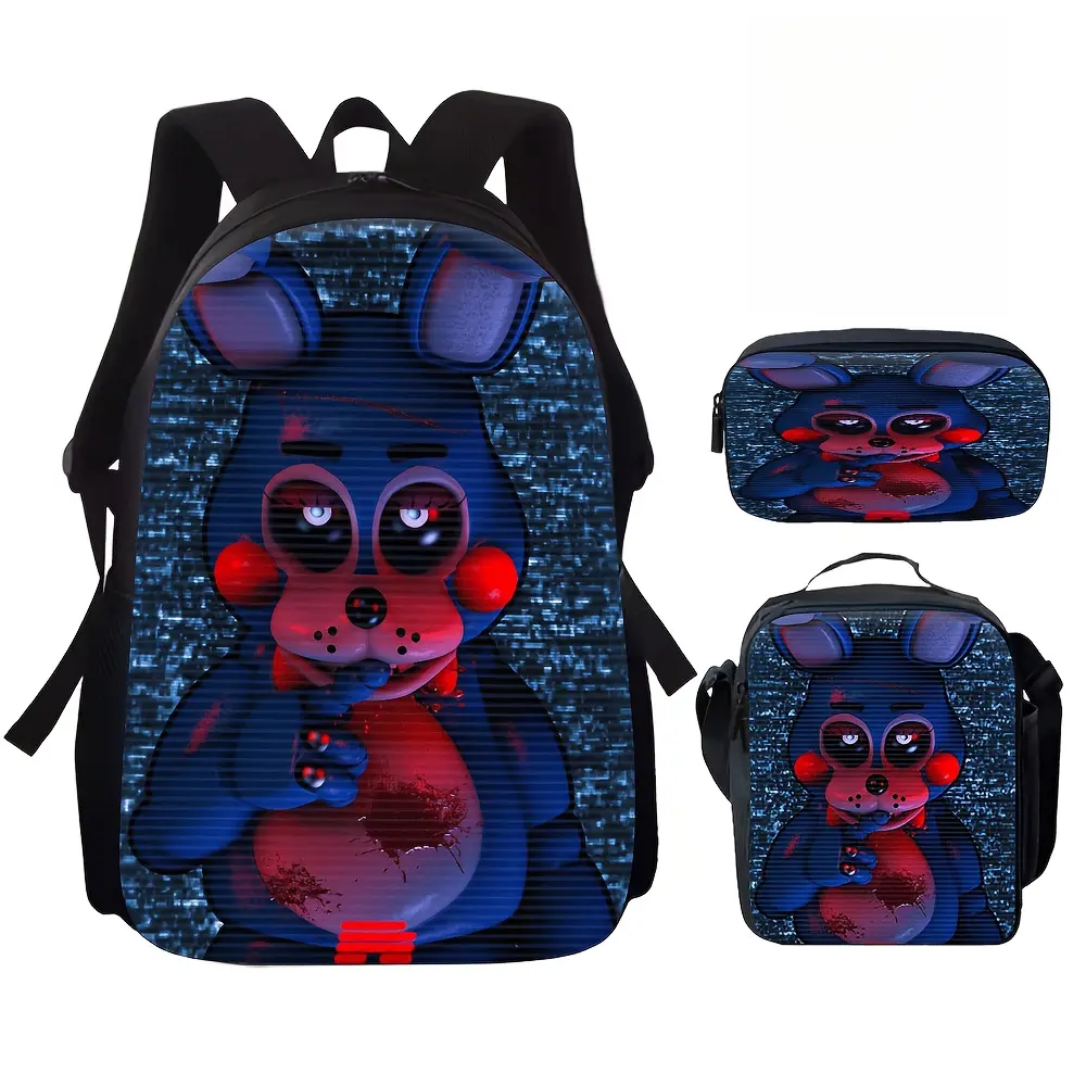 Durable Water Resistant 3-Piece Backpack Set for Kids, Lightweight School Bag with Lunch Box, Glitch Dark Screen Background Five Nights at Freddy’s Toy Bonnie Horror Graphic Print, Spacious 15in Laptop Pocket & Soft Breathable Padded Straps