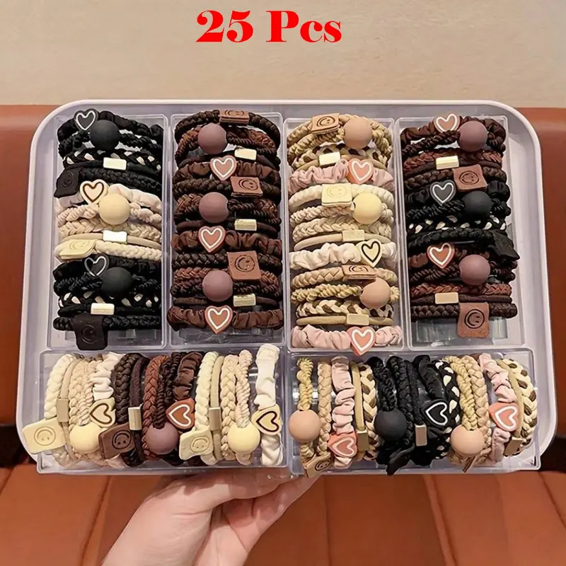 Bulk Hair Ties, 25pcs Boho Chic Women's Hair Tie Set - Bracelet Style, Gentle On All Hair Types, Elastic Bands With Heart Charms & Beads, Perfect For Ponytails & Sports, Hair Accessories