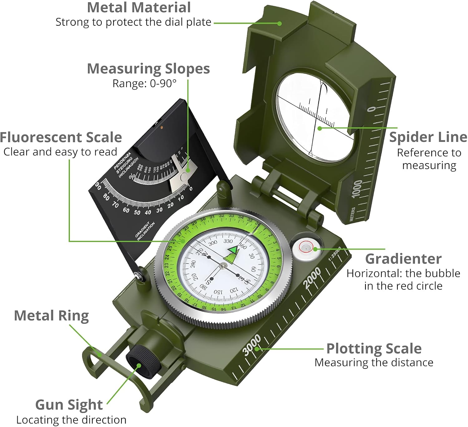 Mulitifunctional High Precision Outdoor Survival Military Compass Camping Waterproof Metal with Fluorescent Geological Compass
