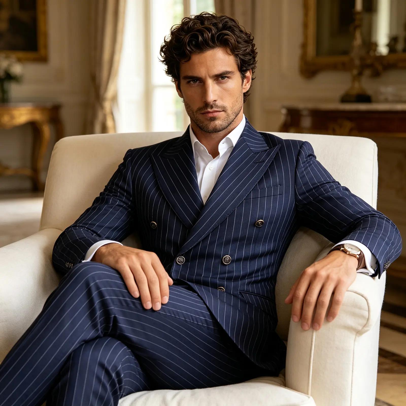 Men's 2 Piece Pinstripe Suit Set, Slim Fit Double-Breasted Peak Lapel Blazer and Matching Pants for Wedding, Prom and Formal Events