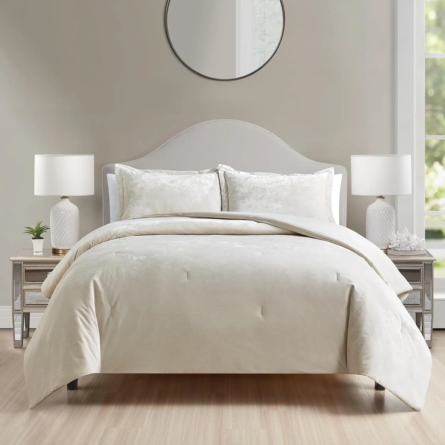 Luxury Velvet Queen Comforter Set, 3 Pieces Reversible Comforters Queen Size with 2 Pillow Shams, Brushed Microfiber Back, All Season Cozy, Soft, Warm, Lightweight (Beige, 90x90 Inch)
