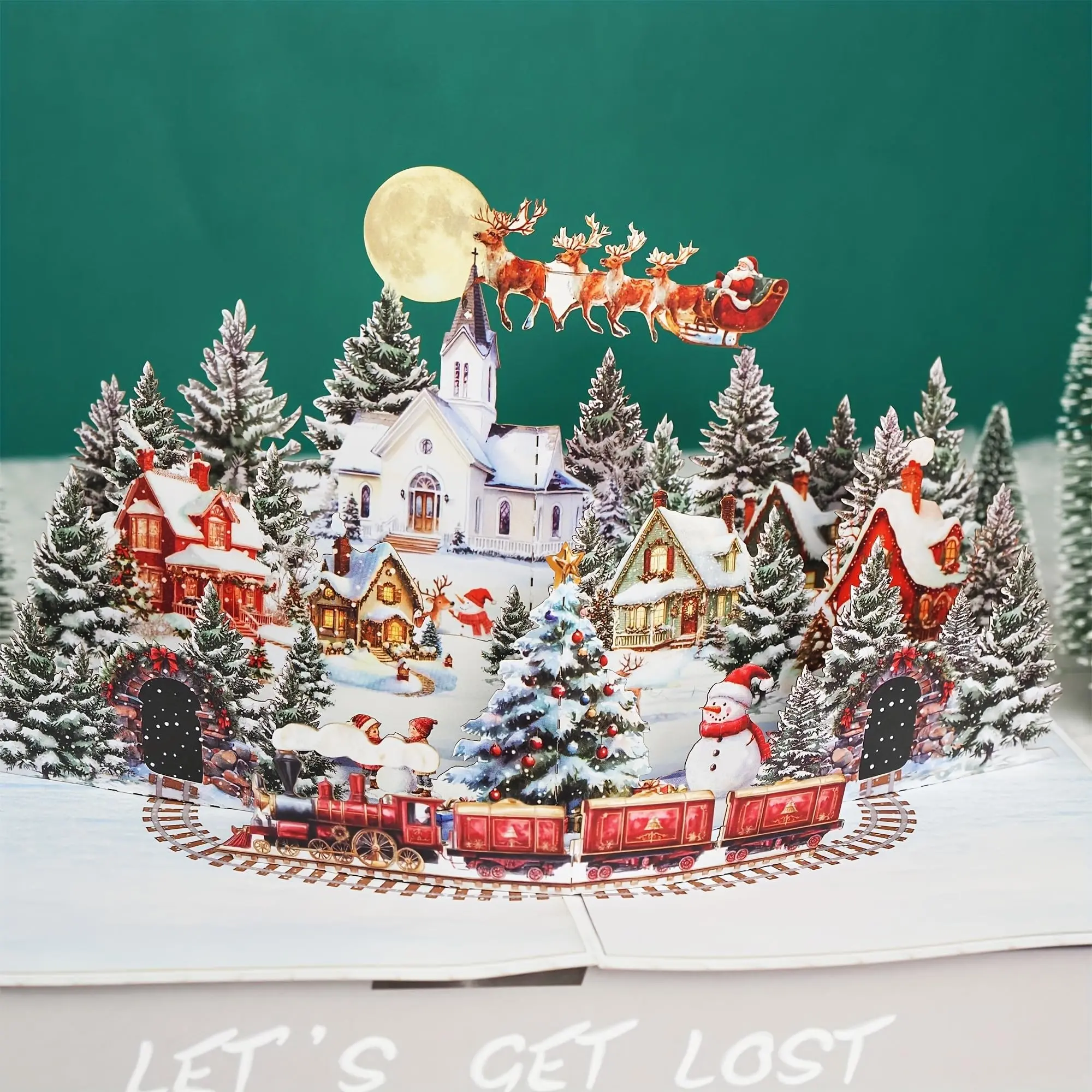 3D Pop-Up Christmas Card, Santa Claus and Reindeer Scene, Detailed Snow Village Holiday Card, Perfect for Family and Friends