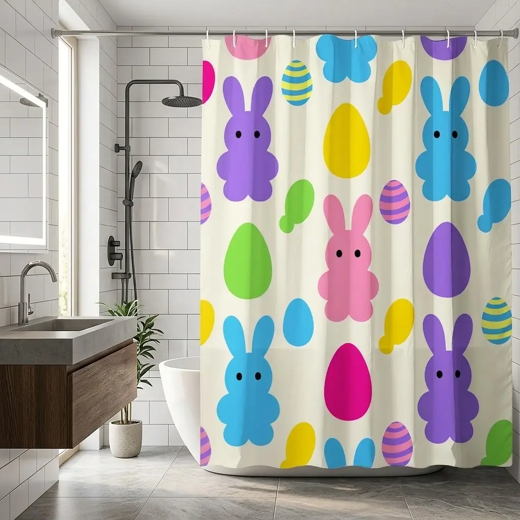 Colorful Easter-Themed Shower Curtain with Stylized Bunnies and Bright Eggs, Light Cream Background, Playful Spring Decor for Bathroom, Features Purple, Pink, Blue, Green, Yellow, and Magenta Accents, Perfect for Holiday Celebrations