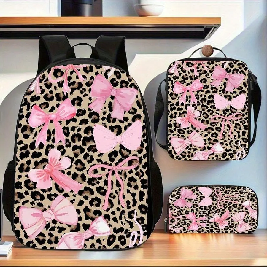3pcs Leopard Print Backpack Set - Large Capacity Double Shoulder Bag, Handbag & Lunch Box With Adjustable Straps, Lightweight & Durable For Daily Commute, Casual Style, Backpack For School, Playful Design, Sturdy Construction, 17in Bookpack