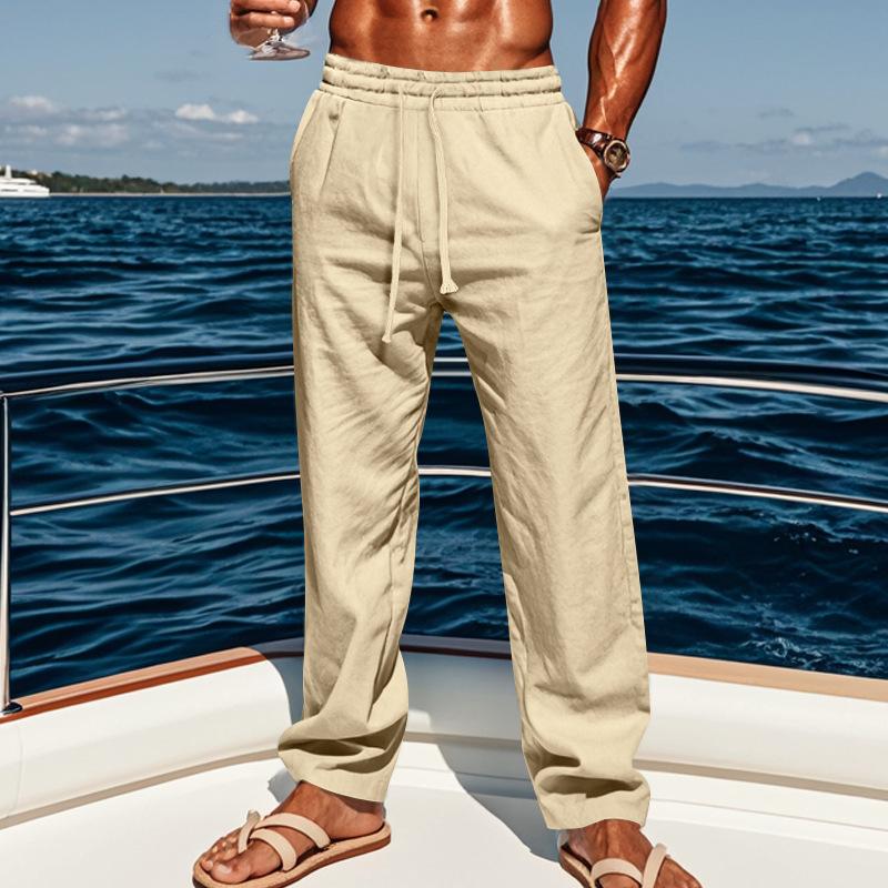 Western-Style Men's Cotton-Linen Casual Trousers - Straight-Leg, Plus-Size, Loose-Fit, Breathable Summer Linen Beach Pants