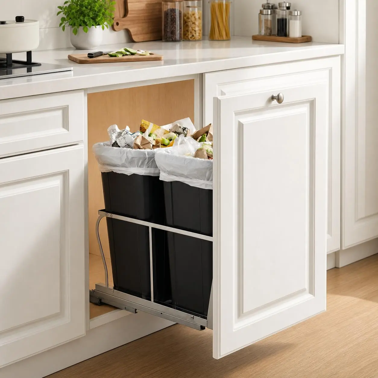 Dual 40 Quart Pull-Out Kitchen Trash Can – Heavy Duty 304 Stainless Steel – Soft-Close Slides – Garbage & Recycling – Fits 18" W x 24" D – 304 Steel Double Bucket
