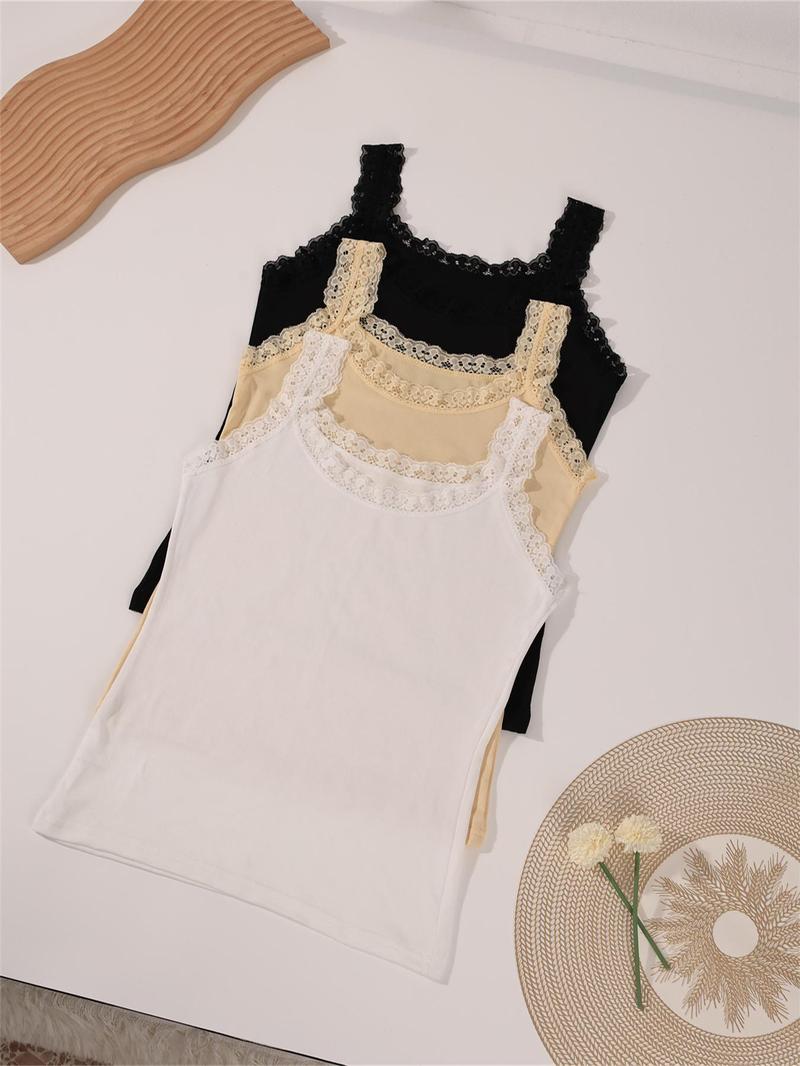 Women's Solid Color Pajama Top, Casual Comfortable Lace Trim Sleeveless Pajama Top Camisole Tops for Daily Wear, Ladies Sleepwear for All Seasons