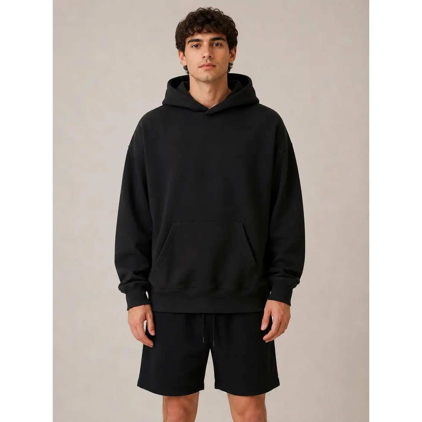 Men's  Stretch 80 cotton Hooded Pullover Sweatshirt - Limo Black, Kangaroo Front Pocket, New Year Casual Top