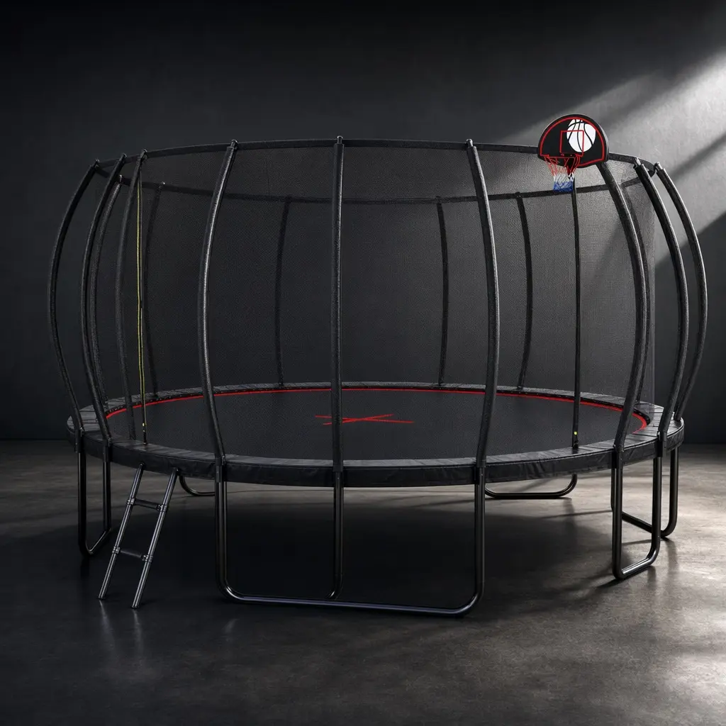 16FT Round Unisex Outdoor Trampoline for Sports Bouncing, Safety Certified with Enclosure Net, Basketball Hoop & Ladder, High-Dip Galvanized Steel W-Leg Frame for Stability, 184.00 lb Capacity, 192.00w x 192.00d x 108.00h Inches, Black+Red