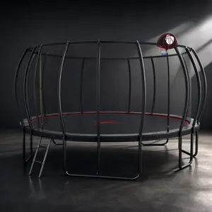 16FT Round Unisex Outdoor Trampoline for Sports Bouncing, Safety Certified with Enclosure Net, Basketball Hoop & Ladder, High-Dip Galvanized Steel W-Leg Frame for Stability, 184.00 lb Capacity, 192.00w x 192.00d x 108.00h Inches, Black+Red