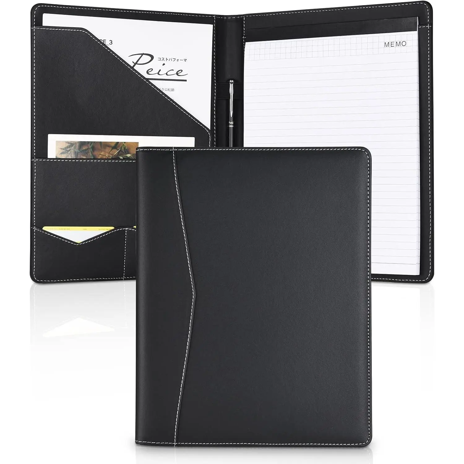 Padfolio Portfolio Leather Binder, Interview Legal Document Organizer, Business Card Holder Included Letter Sized Writing Pad [Piano Noir Faux Leather Matte Finish]
