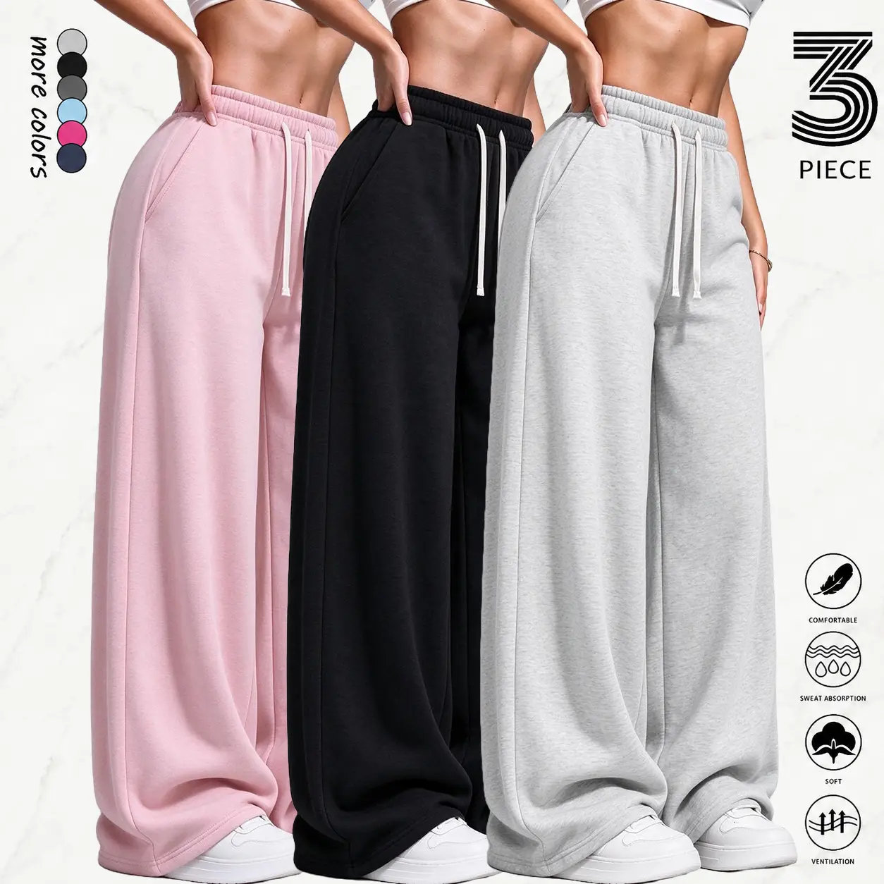 3 Pack Women's Heavyweight Cotton Joggers, Brushed Lined Loose Straight Wide Leg Pants, Drawstring Elastic Waist Floor-Length Casual Trousers